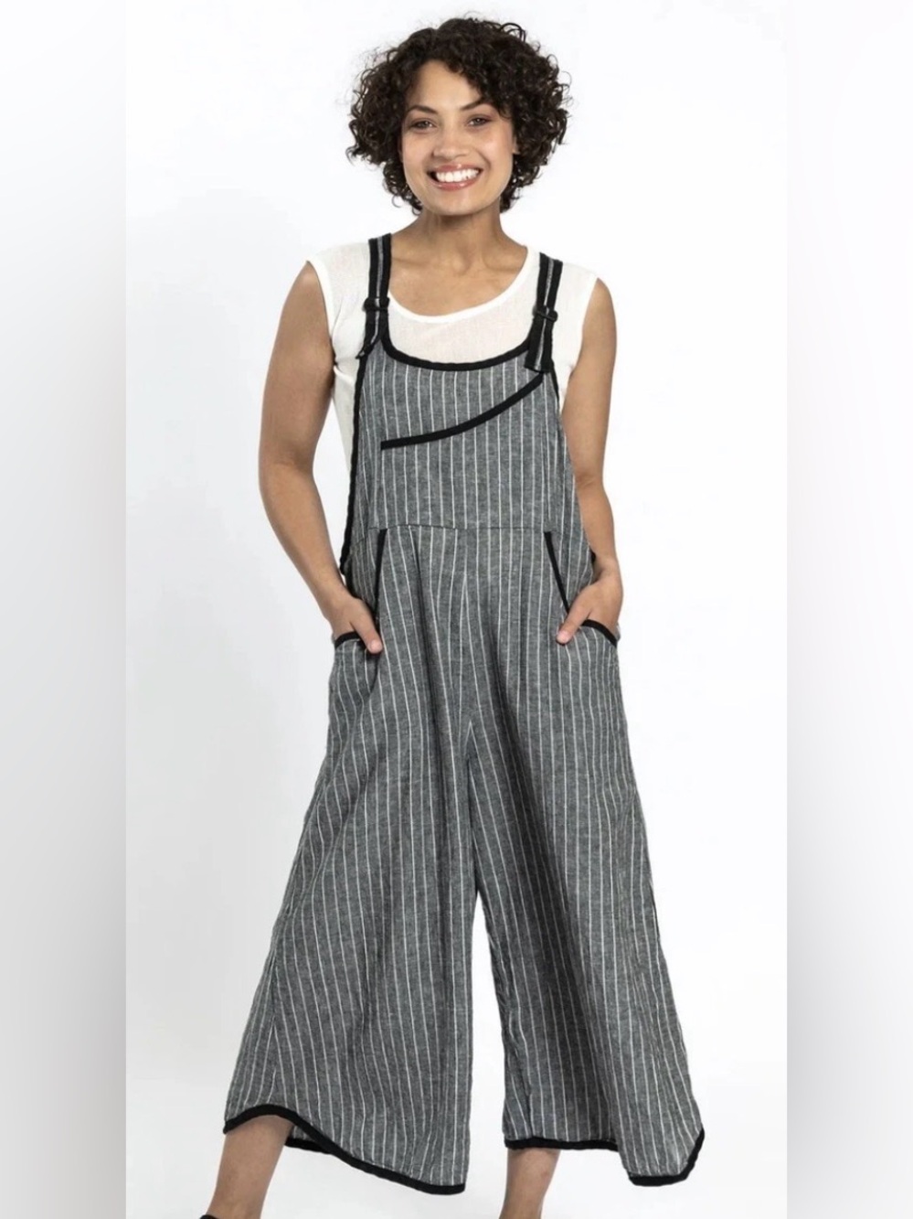Cynthia Ashby Linen Overalls Gray, White Stripped Black Trim Sz XS